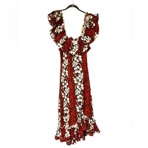 Vintage KY’S Hawaii Red Floral Ruffle Maxi Dress Hawaiian Muumuu